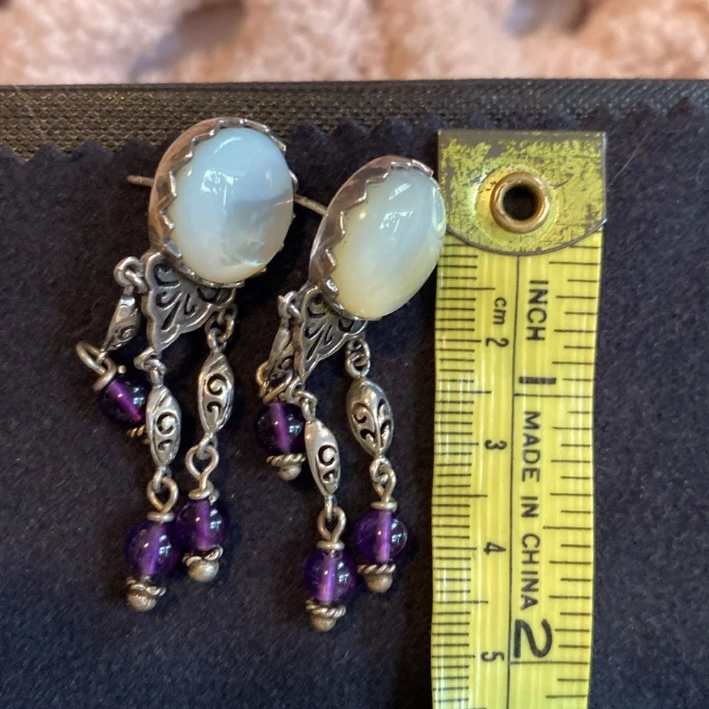 Vintage Sterling Silver Filigree Earrings Mo Pearl Amethyst Drops Hallmarked - Picture 3 of 6